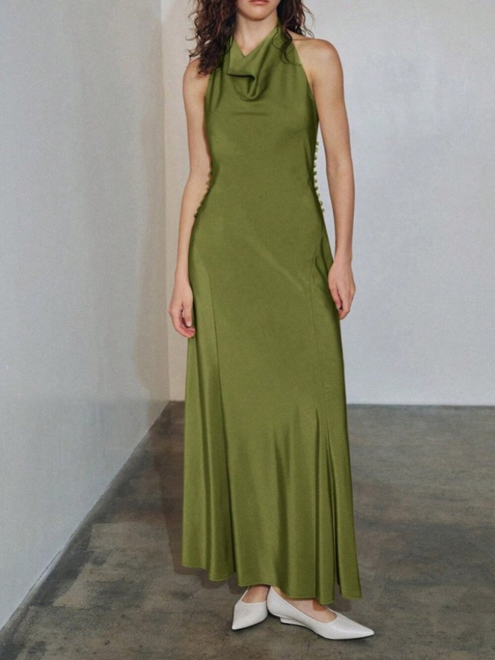 Olive Green Halter Maxi Dress with Side Button Trim